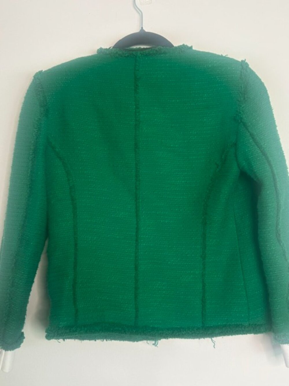 Zara Lush Green Tweed Jeweled Rhinestone Buttons Raw Fringe Trim Lined Jacket - Picture 15 of 16
